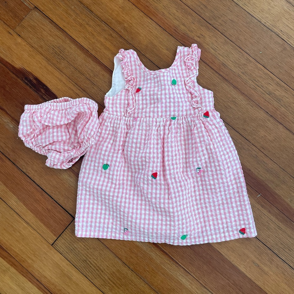 Baby Boden Pink Seersucker Dress with Bloomer 9-12 months